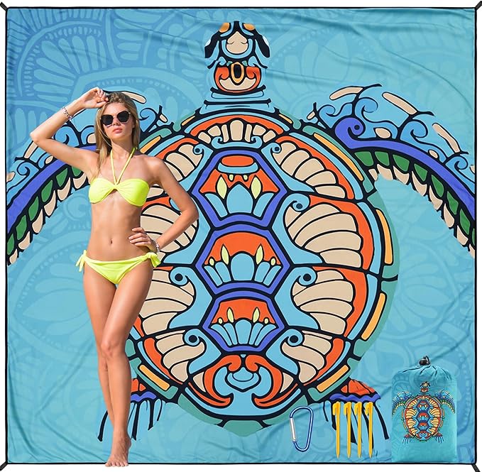 Beach Blanket Waterproof Sandproof Beach Mat 79”x 83” for 1-8 Adults Quick Drying Durable Outdoor Picnic Mat for Beach Festival Travel Camping Hiking (Mandarin Seaturtle, 79"×83"(4 Person))