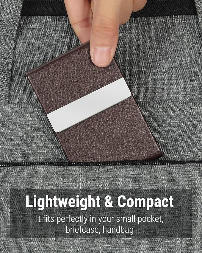 MaxGear Business Card Holder, Slim PU Leather & Stainless Steel Business Card Case for Men & Women, RFID Blocking Name Card Holder with Magnetic Closure, Coffee