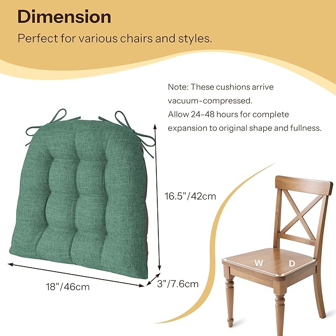 Chair Cushions for Dining Chairs Set of 2 Durable D-Shaped Seat Cushions with Non-Slip Backing Secure Ties Thick Cozy Seat Pad for Kitchen Dining Room Office(18x16.5x3in Green)