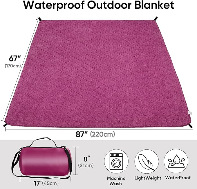 Northroad Waterproof Outdoor Blanket w/Sherpa Lining, Large Windproof Camping Blankets for Cold Weather, Light Weight and Warm for Stadium, Hiking, Dog, Picnic, Washable, 67”X 87” (Purple, 1PCS)