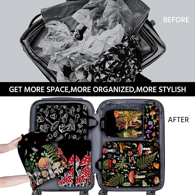 6 Pcs Compression Packing Cubes Waterproof Suitcase Travel Bag Luggage Backpack Organizer Travel Cubes for Packing-Black Mushroom
