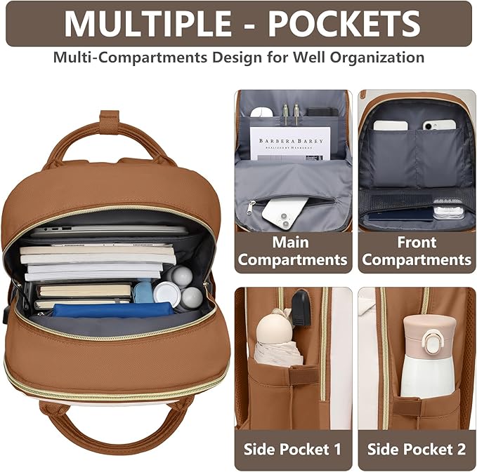 Laptop Backpack for Women Work Bookbag: 15.6 Inch College Backpacks with USB Charger School Book Bag Waterproof Travel Computer Back Pack Anti-Theft Casual Bookbags for Girls Teacher Nurse Beige Brown
