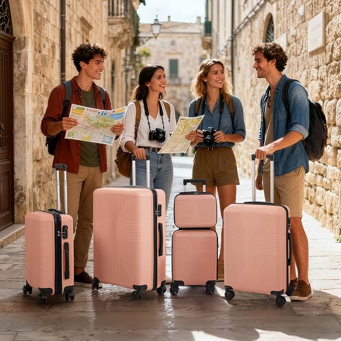Karl home Luggage Sets 4 Piece, PP Hard Case Suitcase Set with Built-in Lock Spinner Wheels, Lightweight Durable Carry on Luggage for Business Travel - Light Pink (16/20/24/28")
