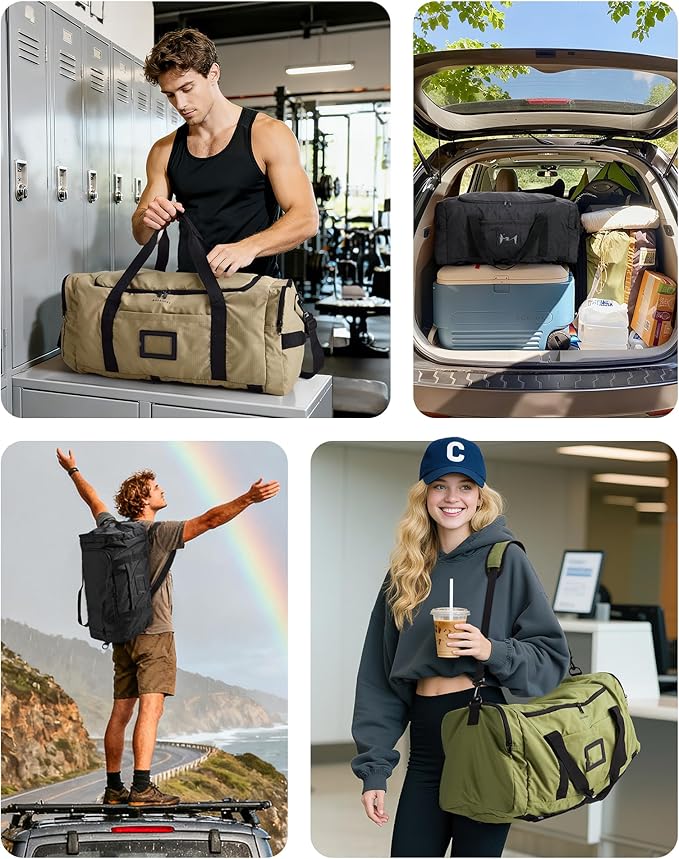 BAGSAMRT 60L Foldable Duffle Bag for Travel, Large Travel Duffel Bag for Men, 4 in 1 Travel Backpack, Carry on Weekender Bag, Gray