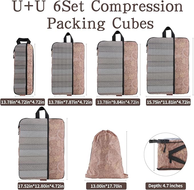 U+U 6 Set Compression Packing Cubes - Ultralight Travel Organizers with Laundry Bag, Space-Saving Suitcase Organizer, Expandable Packing Cubes for Travel and Family Vacation (Paisley Pattern)