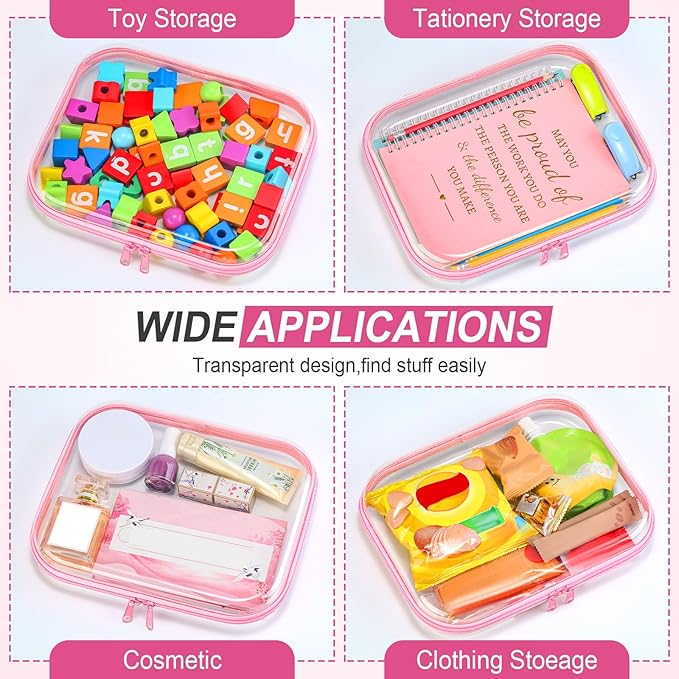 Sanwuta 6 Pcs Clear Hard Zipper Case Plastic Zipper Pouches Transparent Makeup Bag Pencil Case Pouches Toiletry Diaper Bag for Travel Toy Storage Organizer Bins(Pink,9.84 x 7.87 x 2 Inch)