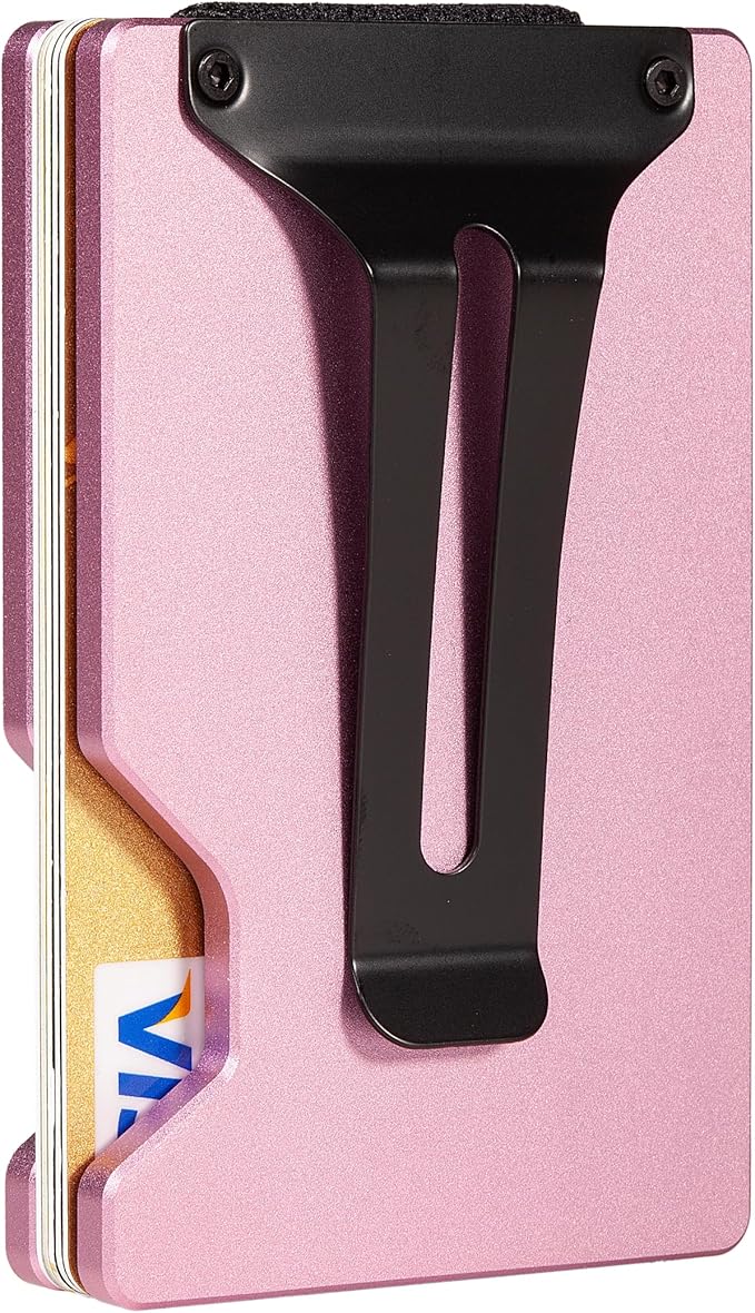 Carbon Fiber Minimalist Wallet for Men Credit Card Holder Money Clip & Cash Strap Slim RFID Mens Wallets(Matte Pink)