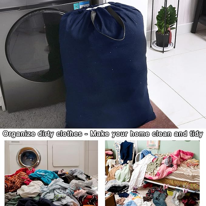 Heavy Duty Laundry Bag with Drawstring and Handle, Extra Large Travel Dirty Clothes Bag for Laundromat and Household, Durable Rip-Stop Laundry Hamper Liner, 28 x 40 Inch by SANFERGE, Navy Blue