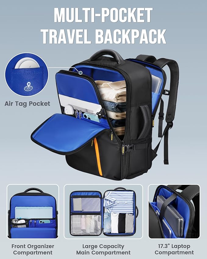 MATEIN Personal Item Travel Backpack 18x14x8 with Shoe Compartment Detachable, Expandable Underseat Backpack for Spirit Airlines Fit 17" Laptop, Airplane Approved Carry on Bag Luggage Mochila, Black