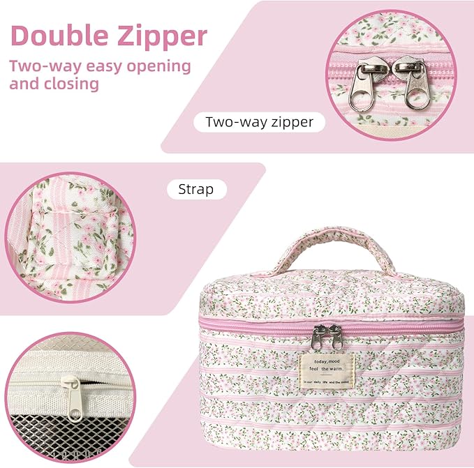 Makeup Bag Set, Portable Travel Make up Bag, Large Capacity Quilted Cosmetic Organizer Bag, Cute Floral Toiletry Bag for Women Girls (Pink Flower)