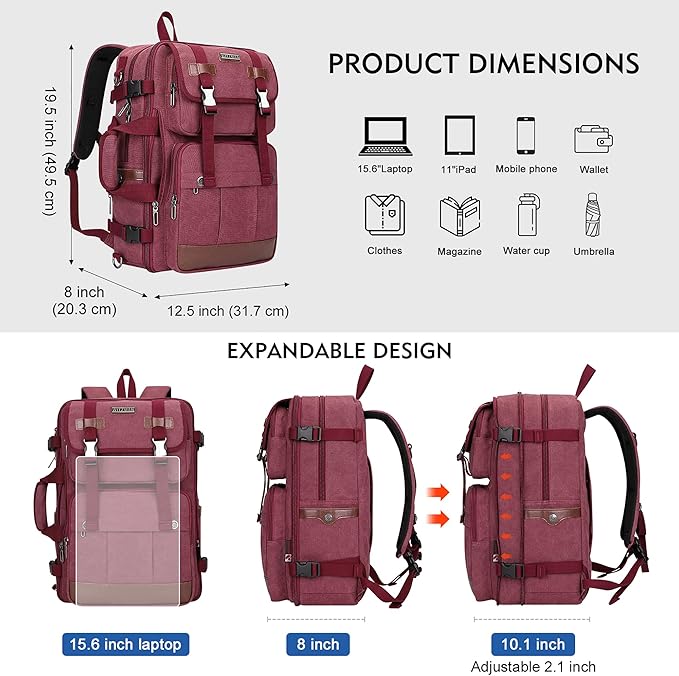 WITZMAN Canvas Travel Backpack for Women Large Laptop Backpack Fit 16 inch Carry-on Airline Approved Convertible Shoulder Rucksack(A6617-3 Red)