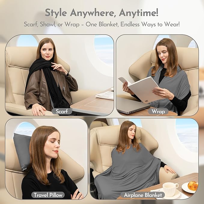 16-in-1 Compact Travel Blanket with Bag – Reversible, Ultra Soft Bamboo Airplane Blanket with Hidden Pocket – Packable for Flights & Travel Essentials (Semi-Weighted, Double Layer)