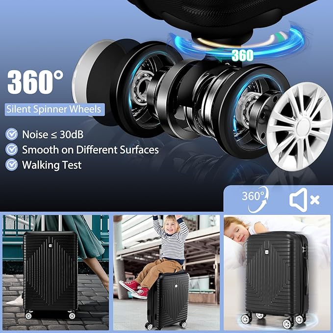 Hoteel Luggage Sets 3 Piece ABS+PC Hardside, 4-Year Warranty, Luggage Set with Dual-Spinner Wheels, TSA Lock, Lightweight Carry on Luggage, 20" Suitcase with Duffel & Organizer, Black