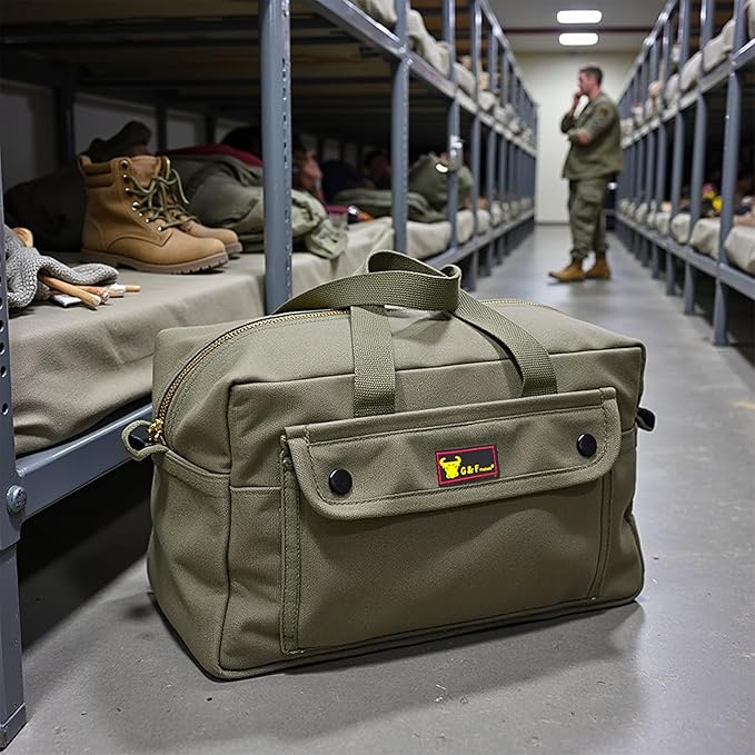 Waxed Canvas All Purpose Military Style Duffle Bag, Water-Resistant, Adjustable Strap, Fully Lined, Double Zipper Closure, heavy Duty, Olive Green