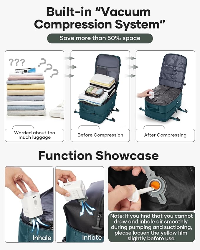 VECAVE Vacuum Backpack Travel with Pump, Expandable Personal Item Carry on Backpacks for Women Men, Laptop Waterproof Work Compression bags with USB Casual Daypack DarkBlue