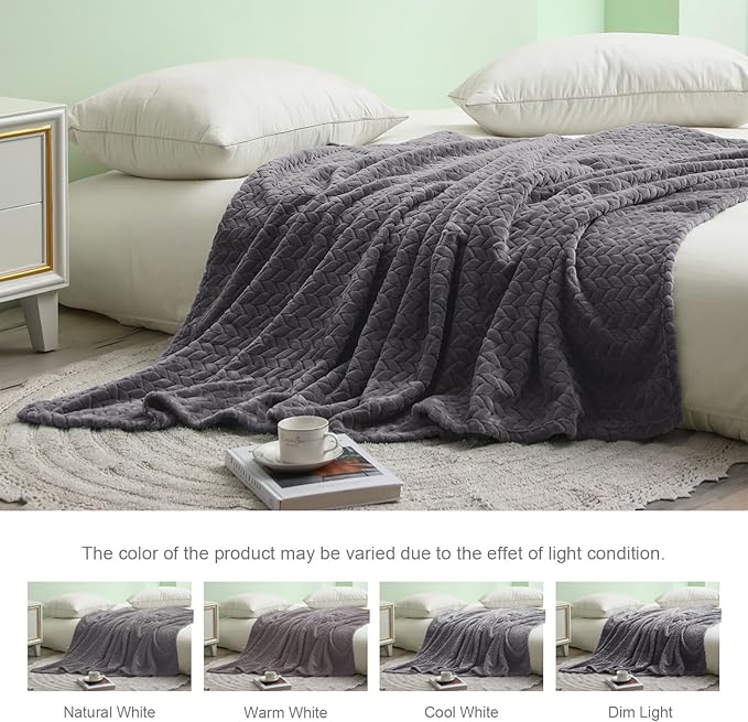 Exclusivo Mezcla Dark Grey Fleece Throw Blanket for Couch and Bed, 50x70 Inches Soft Cozy 3D Decorative Jacquard Flannel Blankets, Lightweight Fuzzy Plush Warm Throws for All Seasons