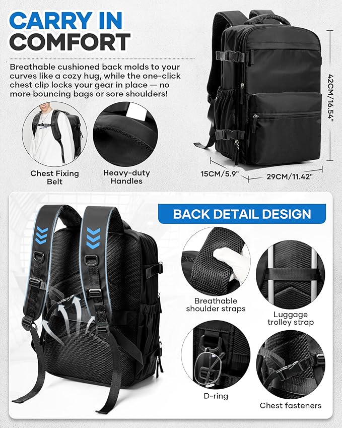 VECAVE Vacuum Travel Backpack with Pump for Women,Personal Item Carry on Backpacks Flight Approved 18x14x8 inches for Men,Laptop Waterproof Work Compression bags Casual Daypack Black