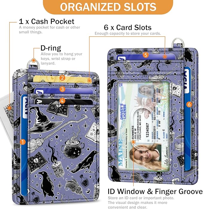 Yonlevres Credit Card Holder Slim Wallet, Magic Goth RFID Wallet Women Front Pocket Small Card Holder Travel Cute Funny Thin Card Case ID Window PU Leather RFID Blocking Card Organizer Gifts Girls