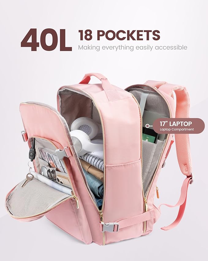 LOVEVOOK Travel Backpack for Women & Men 40L,Airline Approved Carry On Backpack Travel Essentials,TSA Carry on Luggage,Waterproof Personal Item Travel Bag,Suitcase with 3 Packing Cubes,Pink-Pink