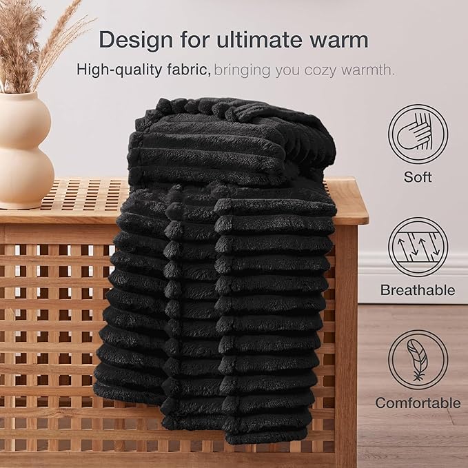 EXQ Home King Size Blanket for Bed or Couch - 3D Stripe Jacquard Decorative Fleece Blankets - Cozy Soft Lightweight Fuzzy Flannel Blanket Suitable for All Seasons(90"×108",Black)
