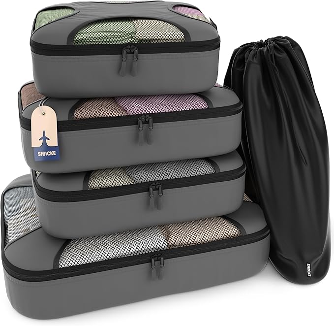 Shacke Packing Cubes for Travel 5 Set - Compression Luggage Organizer Bags - Versatile Travel Organizer for Women and Men - Optimized Packing Bags - Travel Essentials (Dark Grey)