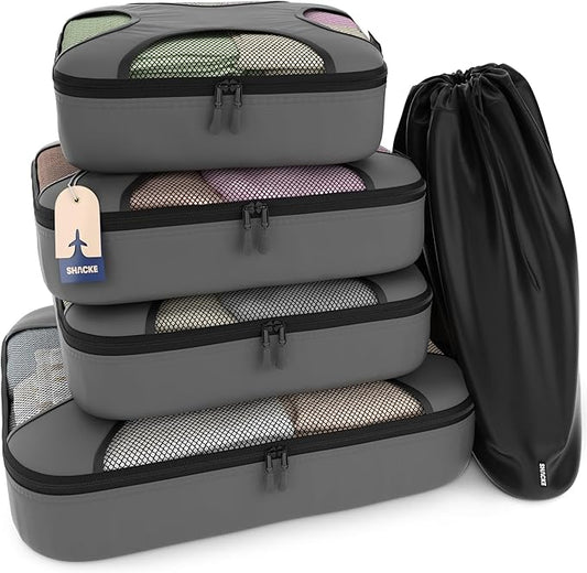 Shacke Packing Cubes for Travel 5 Set - Compression Luggage Organizer Bags - Versatile Travel Organizer for Women and Men - Optimized Packing Bags - Travel Essentials (Dark Grey)