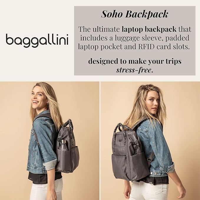 Baggallini Soho Backpack - Travel Laptop Backpack for Women - Lightweight Water-Resistant Luggage Bag, Heather Grey Neoprene