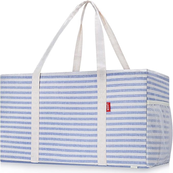 LHZK 2 Pack Extra Large Utility Tote Bag with Metal Wire Frame and the Sides Rinforced, Extra Large Tote Bag with Handle for Pool Beach Laundry Storage (Blue) | 22.5''x10.5''x12''