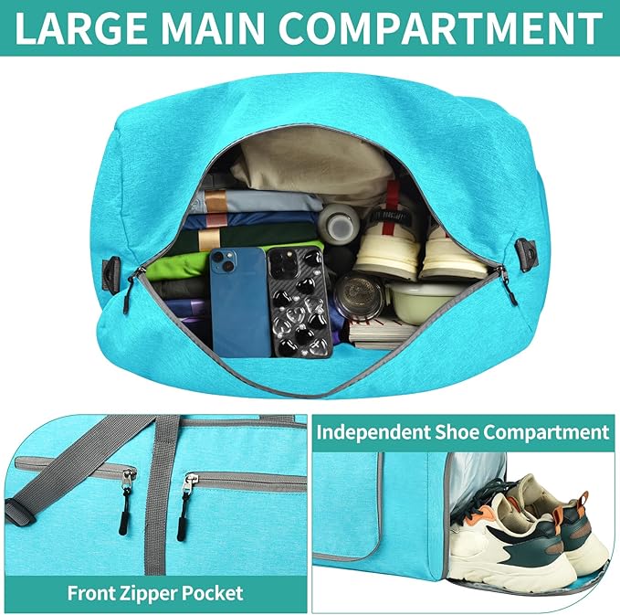 Dimayar 65L Travel Duffle Bag for Men Women - Foldable Duffel Bag with Shoes Compartment - Overnight Bags Waterproof & Tear Resistant(Mint Green)