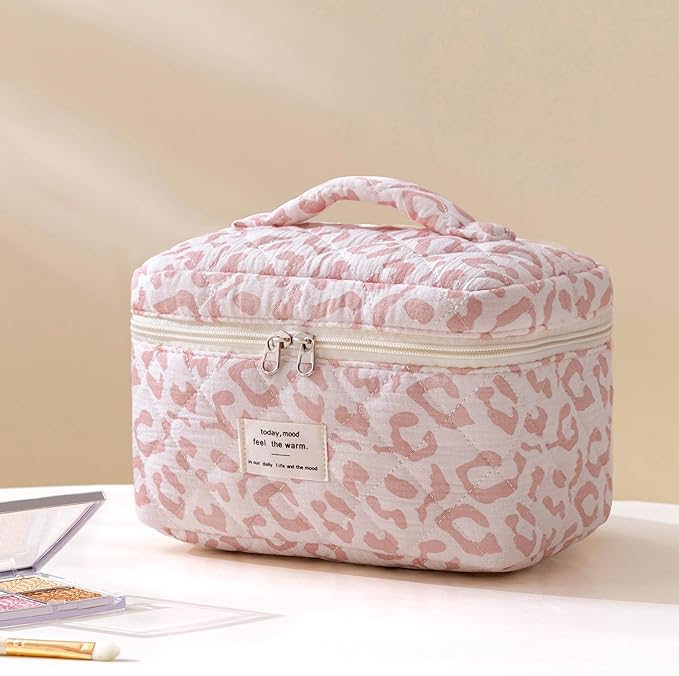 HBselect Quilted Makeup Bag, 3PCS Cotton Large Travel Makeup Bag, Cute Floral Coquette Make up Bag Cosmetic Bag Toiletry Bag for Women Girls