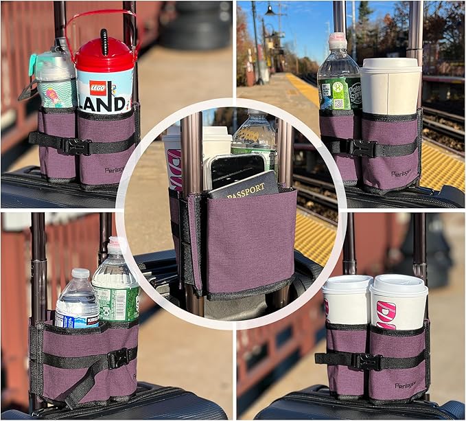 Luggage Cup Holder Attachment – Hands-Free Drink Carrier for Coffee Mugs, Bottle and Tumblers, Essential Travel Accessory, for Flight Attendants & Travelers