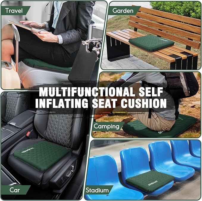 Inflatable Seat Cushion, Self-Inflating Memory Foam Stadium Seats Cushion Lightweight & Compact Chair Sitting Pad Airplane Cushion for Long Flight Travel Outdoor Camping Car Bleachers Office