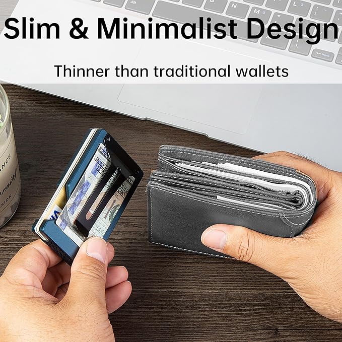 Minimalist Carbon Fiber Wallet for Men, Money Clip Cash Strap Wallet, RFID Blocking Metal Wallet Aluminum Card Holder,Front Pocket Wallet(Matte Navy)