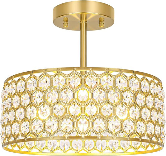 Lxybcce Gold Crystal Ceiling Light Fixture - Modern Semi Flush Mount Ceiling Light for Hallway, Kitchen Lighting Fixtures Ceiling, Dazzling Prism Chandelier for Foyer Closet Bedroom, 3 Light, 12 in