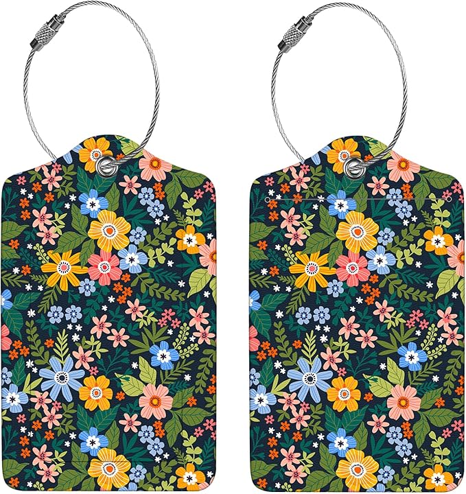 2 Pcs Luggage Tags for Suitcase, Cute Unique PU Leather Travel Bag Tag with Privacy Cover ID Label Address Card and Durable Metal Ring Suitable for Men Women Children Backpack,Flower