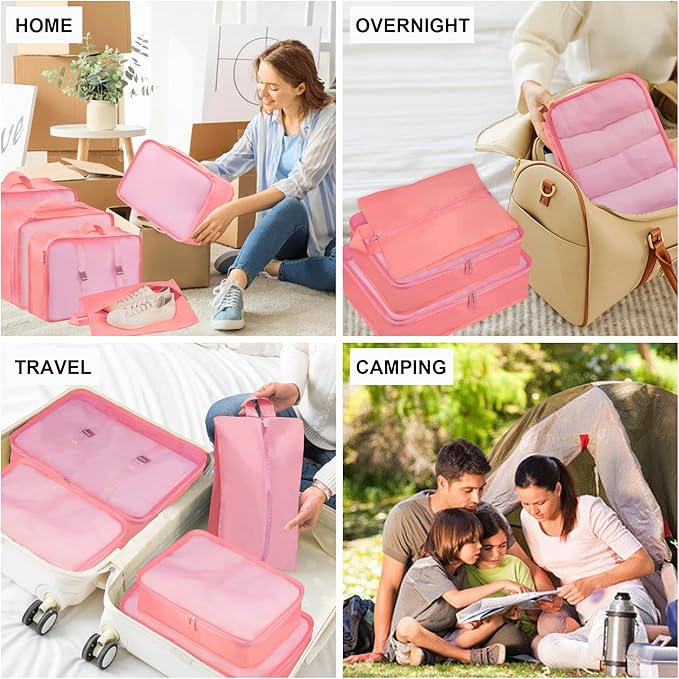 Packing Cubes, 7 Pcs Travel Packing Organizers for Suitcases, Large Capacity Travel Luggage Organizer Set includes 7 Storage Bags, Travel Essentials for Women or Men (Pink)