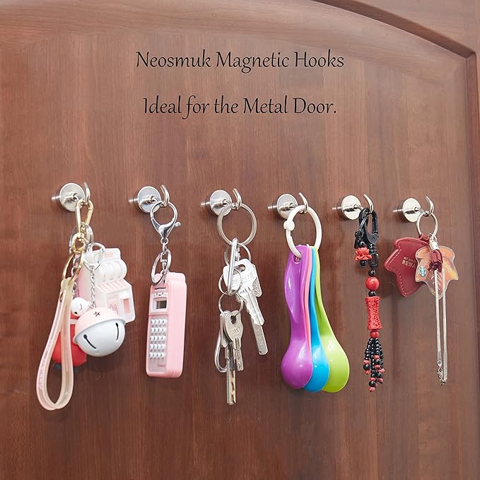 Neosmuk Magnetic Hooks,Heavy Duty Earth Magnets with Hook for Refrigerator, Extra Strong Cruise Hook for Hanging, Magnetic Hanger for Cabins, Grill (Silver, 6 Pack)
