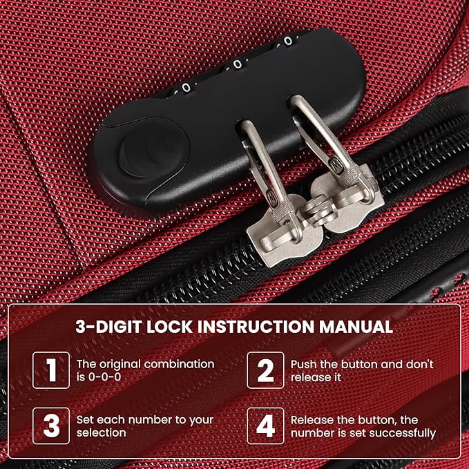 20'' Carry on Luggage,Softside Suitcase w/Combination LOCK,Expandable 15% Luggage w/Double Spinner Wheels,Lightweight Rolling Suitcases for Men/Women（Red,20in）