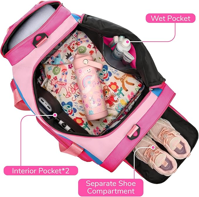WOOMADA Kids Duffle Bag for Boys or Girls,Weekender Overnight Bag with Shoe Compartment & Wet Pocket Perfect For School, Sports, Overnight Trips(Hot Pink)