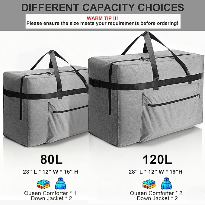 SUNUP Large Duffle Bag for Travel, 80L Foldable Travel Duffel Bag for Men Women, Waterproof Overnight Weekender Moving Storage Bags, Gray