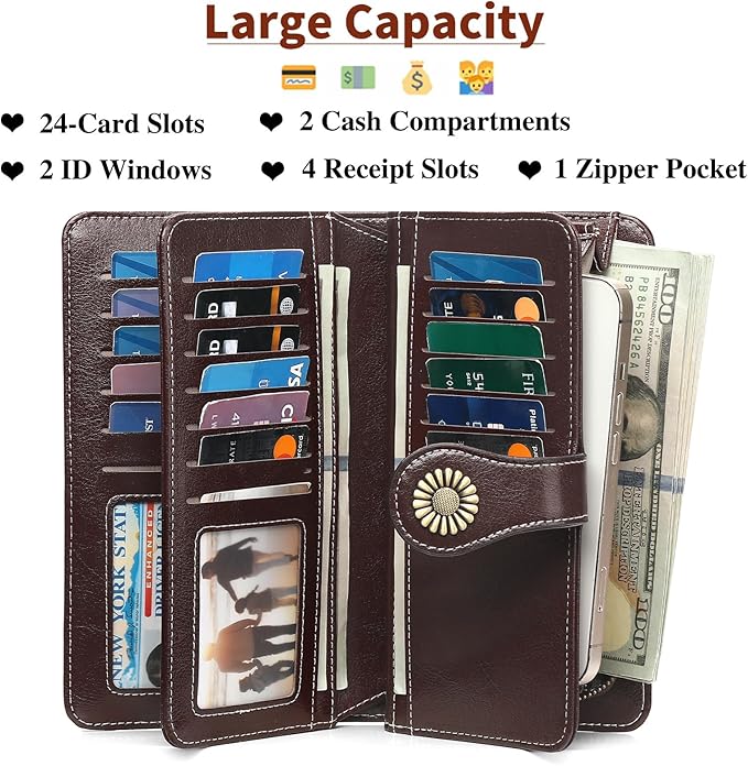 SENDEFN Wallets for Women Leather Credit Card Holder with RFID Blocking Large Capacity Wristlet | with RFID Blocking, Large Capacity, Wristlet, with RFID Blocking, Large Capacity, Wristlet