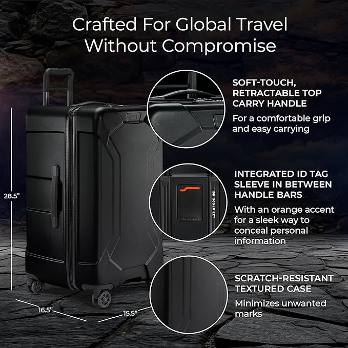 Briggs & Riley 28" Medium Trunk Spinner - Checked Luggage for Travel, Suitcases with Wheels, Hardside Rolling Bag for Men & Women, Self-Repairing Zipper - Torq Collection, Stealth Black