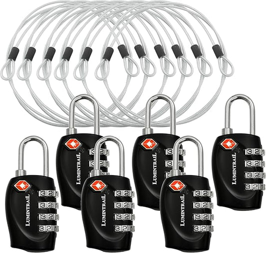Lumintrail TSA Approved Locks, 4 Digit Combination Luggage Locks TSA Approved, Travel Locks for Luggage & Suitcase with 4-FT Steel Cable, Black, 6 Pack