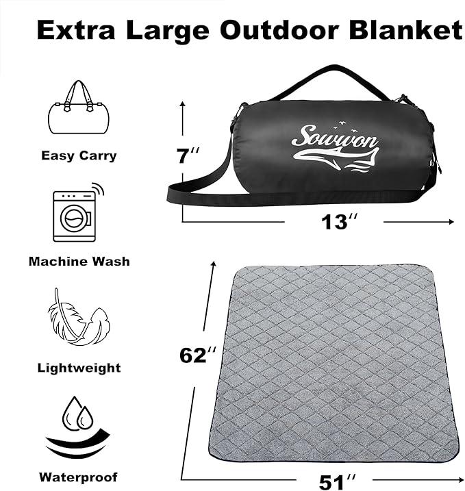 Waterproof Outdoor Blanket 62”X 51” Packable, Stadium Blankets for Camping with Sherpa Fleece Lining, Large Windproof Emergency Throw for Garss Picnic Hiking Road Trip, Machine Washable, Black 300GSM