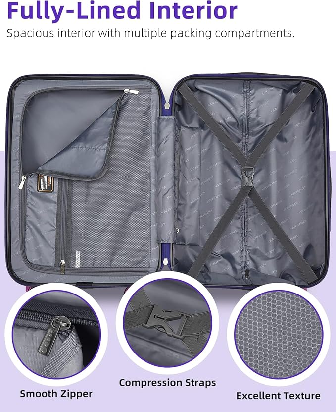 LARVENDER Carry on Luggage 22x14x9 Airline Approved, Expandable 20 Inch Hardside Suitcase with Wheels TSA Lock, PC+ABS Lightweight Carry on Suitcases for Women, Midnight Berry (20/DB/TB)