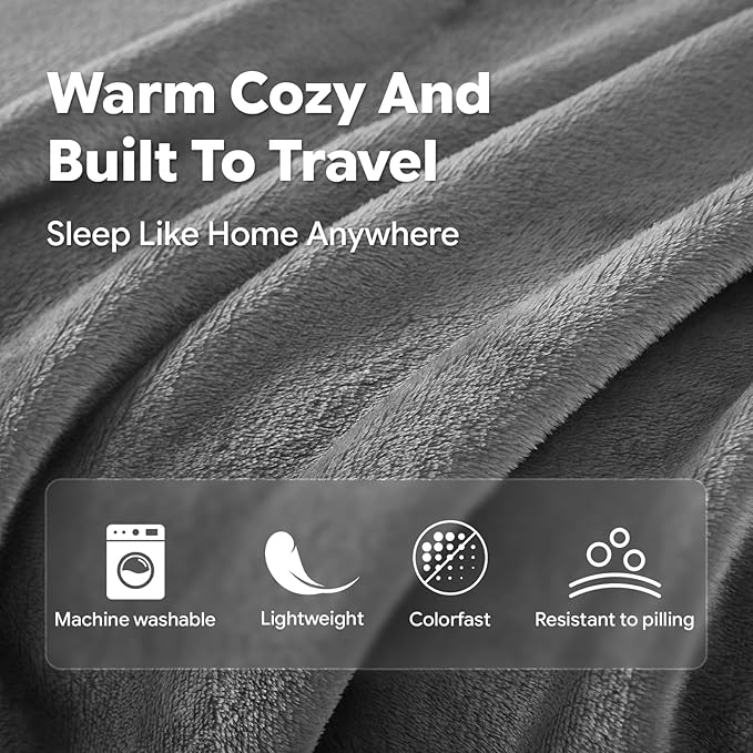 Travel Blanket, Soft 2-in-1 Airplane Blanket, 65x40 Inches, Travel Essentials Car Blanket with Luggage Sleeve & Backpack Clip (Light Grey)