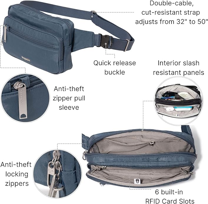Baggallini Securtex Anti-theft Belt Bag 8.8"x5.5" Crossbody Fanny Pack for Women RFID Wallet Locking Zipper Travel Purse