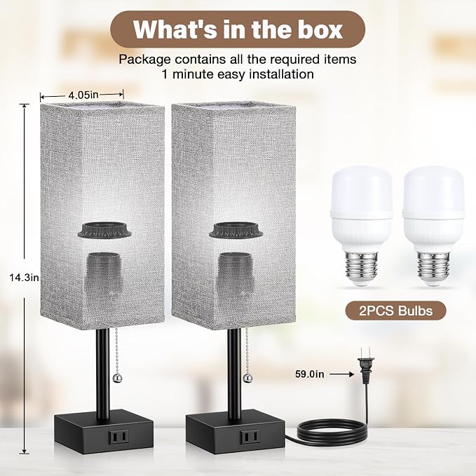 Bedside Lamp for Bedroom Set of 2 - Grey Table Lamp for Nightstand | AC Outlet, 3 Color Temperatures, LED Bulb Included, Pull Chain Design, 14" Rectangular Desk Lamp for Dorm/Office, 2-Pack