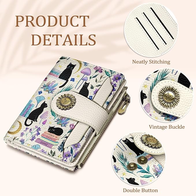 Icycay Black Cat Small Wallet Women RFID Blocking Bifold, Cute Credit Card Holder, Zipper Coin Pocket, PU Leather, Compact, Travel, 4 ID Window, 14 Card Slots, Cash Purse, Ladies Woman Female Girls
