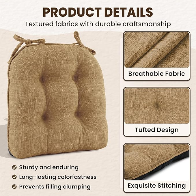 downluxe Indoor Chair Cushions for Dining Chairs, Tufted Overstuffed Textured Kitchen Chair Pads with Ties and Non-Slip Backing, 15.5" x 15.5" x 4", Taupe, 4 Pack